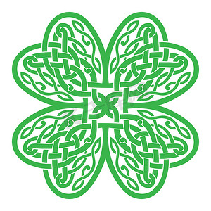 四叶三叶草形结由凯尔特心形结制成，绿色轮廓，凯尔特风格纹身。