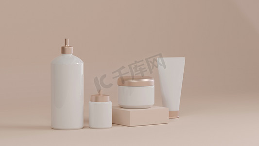 粉红色背景下的化妆品瓶样机产品，3D 渲染