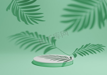 明亮的绿松石绿色，3D 渲染一个简单、最小的产品展示构图背景，在自然产品的背景中带有 ont 讲台或支架和叶子阴影。