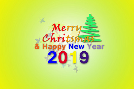 圣诞快乐，新年快乐 2019 年，淡黄色背景上彩色全字母设计