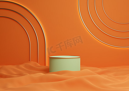 豪华线条摄影照片_霓虹橙色、亮红色 3D 渲染豪华产品展示圆柱讲台或带有金色线条的支架，最小的构图，带有拱形几何闪亮灯光