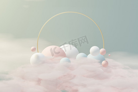 海洋模糊摄影照片_3D 渲染柔和的球、肥皂泡、漂浮在空中的蓬松云彩和海洋的斑点。