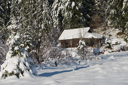 荒野中的小木屋覆盖着新雪