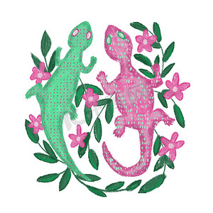 绿色和粉红色玫瑰壁虎蜥蜴的手绘插图，色彩鲜艳的两栖动物，具有民间民族风格，绿叶树枝和花卉背景。