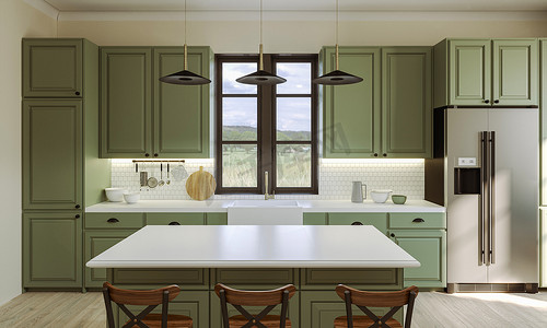 浅色love摄影照片_现代风格的厨房配有浅色台面，配有水槽、炉灶、烤箱、厨房用具。 