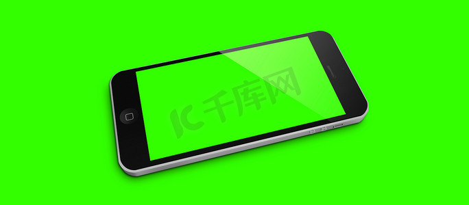 3D 渲染白色平板电脑或智能手机的模型图像，绿色背景上有空白的绿色屏幕。