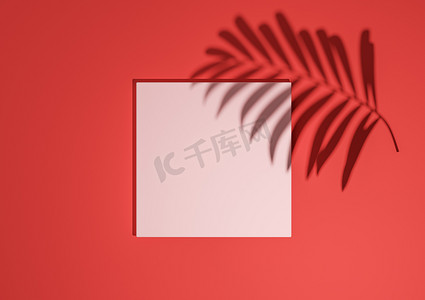 明亮的栗色、深红色、3D 渲染最小、简单的顶视图平铺产品展示背景，带有一个讲台支架和自然产品的棕榈叶阴影