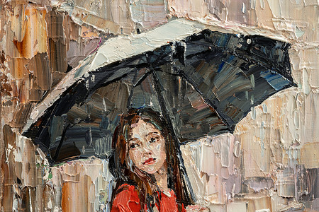 雨中的女孩，手里拿着雨伞。