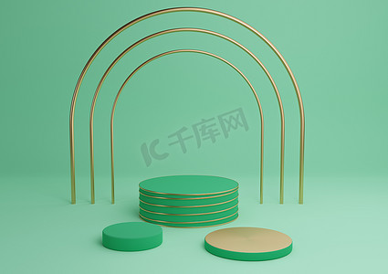 明亮的绿松石绿色 3D 渲染简单的产品展示圆柱讲台，配有豪华金拱门和线条三站最小背景抽象构图
