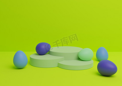 主题绿摄影照片_明亮、石灰、霓虹绿 3D 渲染复活节主题产品展示台或展位组合，彩蛋最小，简单，适用于多种产品