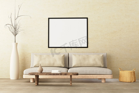 温暖海报摄影照片_中性风格室内客厅的水平海报模型，配有低沙发、陶瓷壶、边桌、柳条篮和空混凝土墙背景上的书籍。 