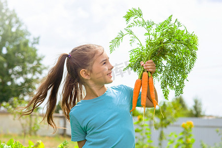 t恤深色摄影照片_一件绿色T恤杉的微笑的小女孩拿着一束新鲜的胡萝卜，