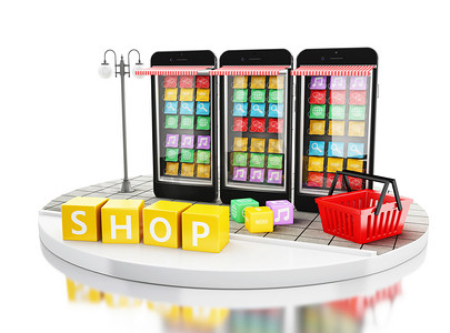 商店手机图标摄影照片_3d 电子商务、带有移动应用商店的智能手机。