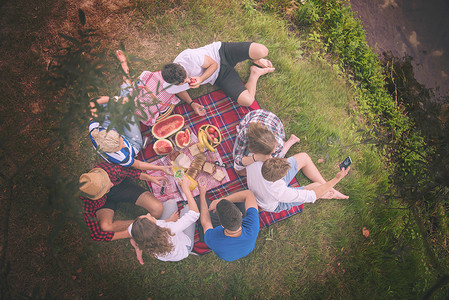 一群朋友享受野餐时间的顶视图