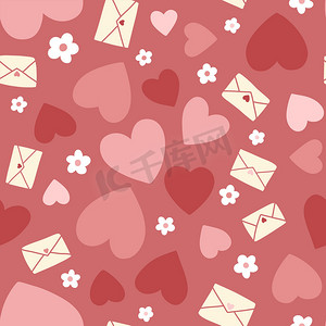 带心、花、邮件、帖子的无缝图案