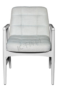 白色木制扶手椅，配有织物软垫座椅和靠背，采用简约风格，与白色背景隔离。