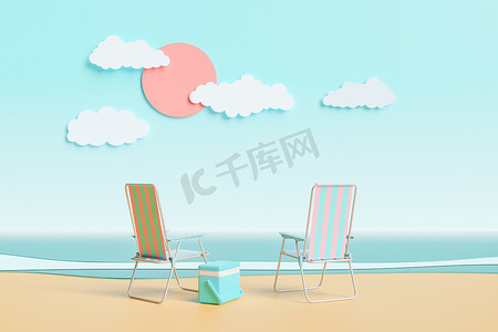 天空太阳卡通摄影照片_卡通海滩景观上的沙滩椅