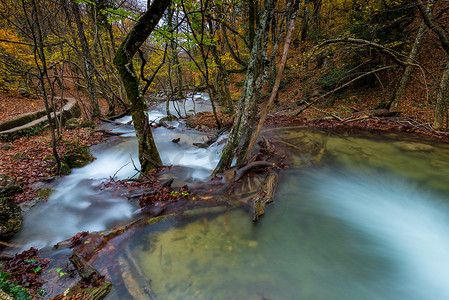 秋天的风景，森林里山里的河流，自然