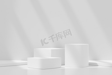 腾讯品牌logo摄影照片_3D 抽象背景白色讲台，用于产品展示和品牌广告，带有窗户和屋顶的阴影。