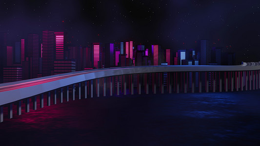 城市朋克摄影照片_网络朋克夜城市景观概念的 3D 渲染。