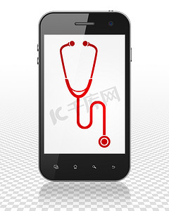 医疗保健概念：有听诊器的智能手机上显示