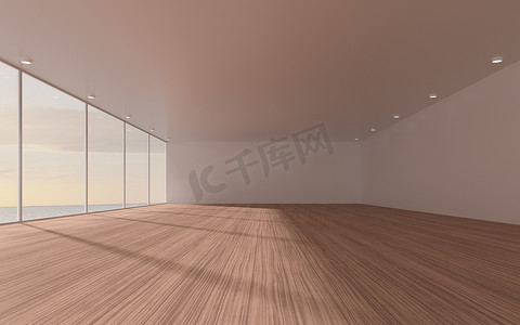 有木地板的空的房间， 3D翻译。