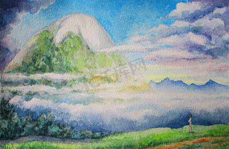 绿色背景海报设计摄影照片_彩色水彩插图与一个人和一座伟大的山