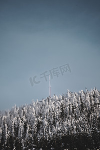 山顶云摄影照片_捷克共和国山顶云层中的发射机，雪树蓝天
