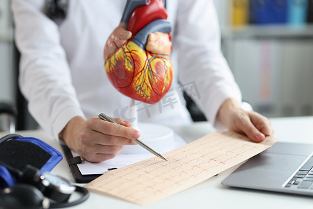 心脏病医生在心脏病学中检查患者心脏的心电图