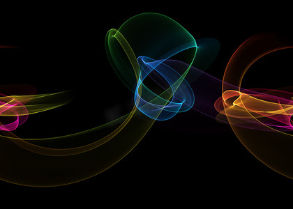 发光的彩虹曲线和圆在黑暗的抽象背景。