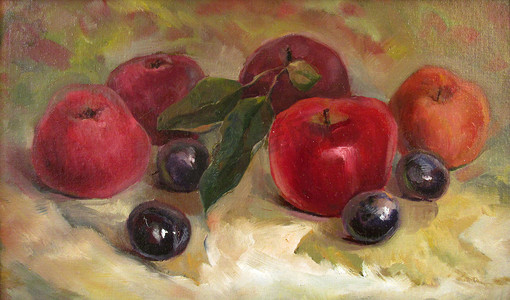 秋天成熟的苹果和李子，油画