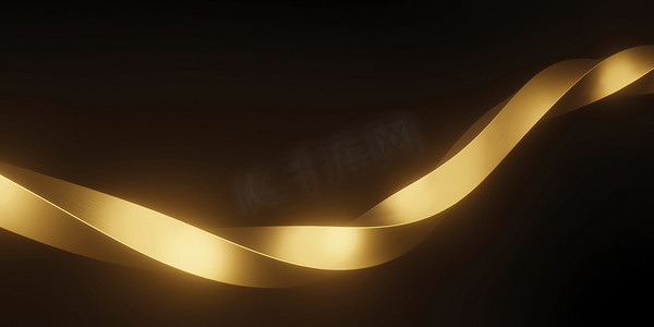 黑色背景上的抽象金色金属波，具有复制空间 3D 渲染