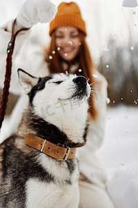 年轻女子带着哈士奇在雪地里散步玩耍休息生活方式