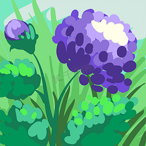 手绘春天背景设计摄影照片_紫罗兰风格牡丹手绘绿色背景为您的设计。