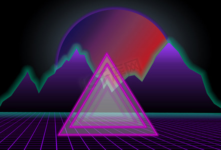 海报科幻摄影照片_80 年代风格的科幻，黑色背景，紫色山脉后面有红色日落，插图中间有三角形。