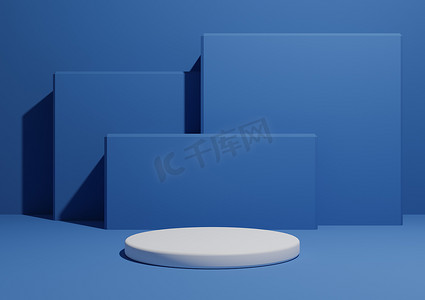 明亮、深色、柔和的蓝色 3D 渲染一个简单、最小的产品展示构图背景，背景中有一个讲台或看台和几何方形形状。