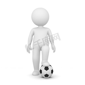 脚踩足球摄影照片_一个人一只脚踩在足球上的 3D 渲染