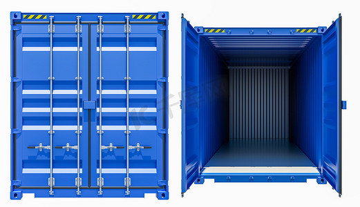 蓝色货物货运集装箱，打开和关闭