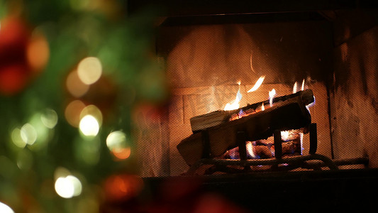 美国新年摄影照片_圣诞树在壁炉、新年或圣诞节装饰的松树上点燃。
