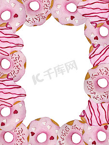 手绘甜点糖果摄影照片_水彩手绘页框模板插图粉红色甜甜美味的甜甜圈与糖釉和心爱装饰。