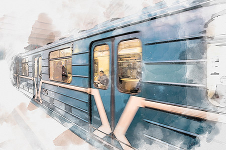 行驶的地铁列车水彩画插图