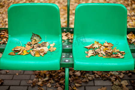 秋日，空荡荡的运动看台上摆着红色和绿色的座位。