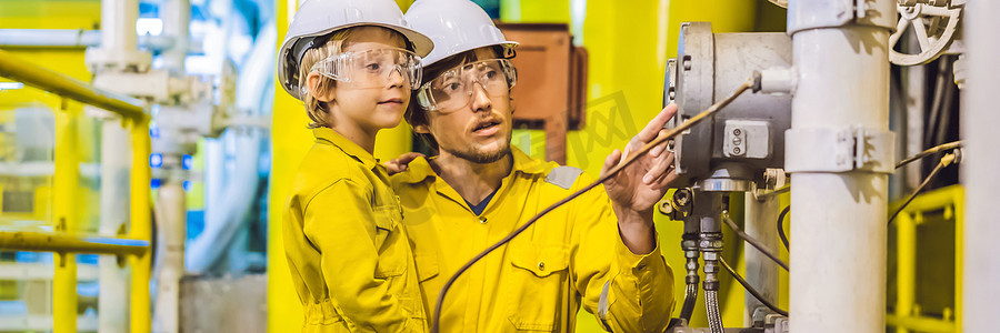 长摄影照片_横幅，长格式年轻人和一个小男孩都穿着黄色工作服、眼镜和头盔，在工业环境、石油平台或液化天然气厂