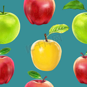 蓝色背景上不同颜色的插图现实主义无缝图案水果苹果