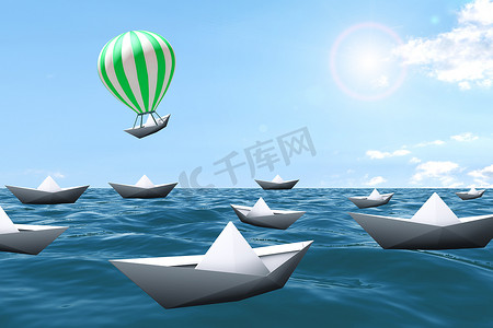 有绿色气球的纸船