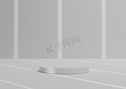 简单、最小的 3D 渲染组合，带有一个白色圆筒讲台或站在抽象条纹阴影白色或浅灰色背景上，用于产品展示。