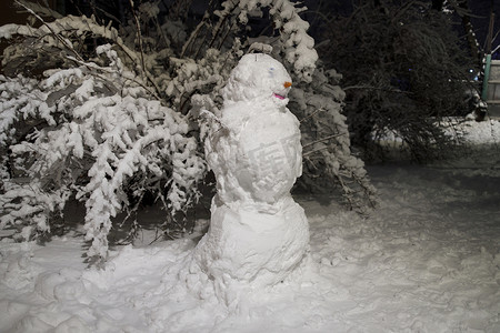 夜间降雪时操场上的雪人