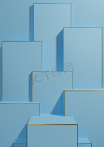 明亮、浅天蓝色 3D 渲染简单、最小、几何背景产品展示基座金色线条用于产品广告壁纸模板