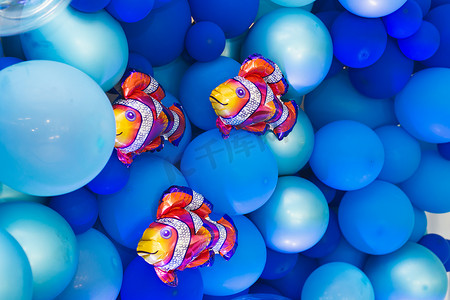 生日拍照摄影照片_生日拍照区采用海洋风格的气球、鱼和珊瑚装饰