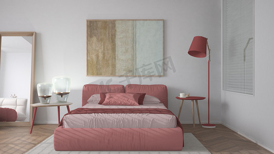 现代明亮的简约红色色调卧室、带枕头的双人床、羽绒被和毯子、镶木地板、窗户、带灯的桌子、带蒲团的镜子、地毯、室内设计理念